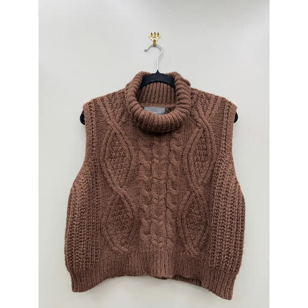 Anthropologie Cable Knit Turtleneck Sweater Vest One Size Brown Cozy